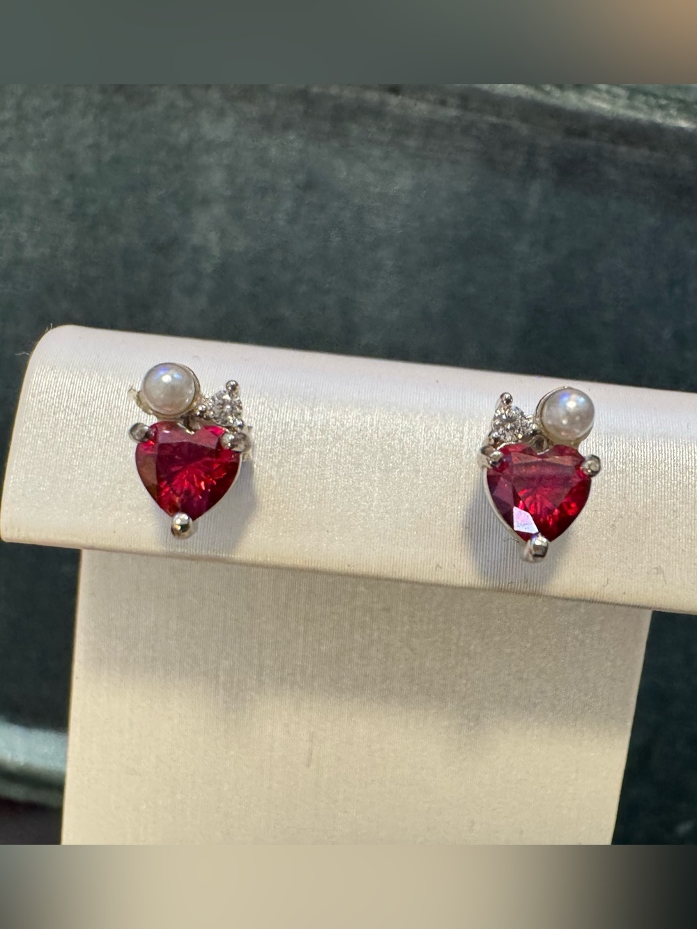 S925 heart lab ruby stud earrings seed pearl sterling silver red crystal
